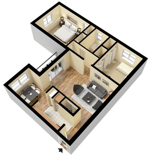 Floor plan for 2 beds, 1 bath, 825 sqft